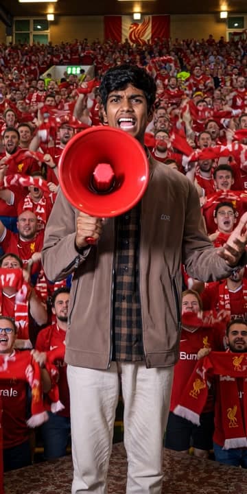 AI generated video: Use the reference image as the exact character.
A Liverpool fan stands on the stadium stairs surroun...