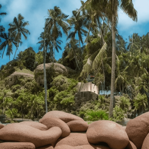 AI generated: Dwayne Johnson en una isla ,sentado en una piedra, alrededor se ve diferentes tipos de palmeras, al ...