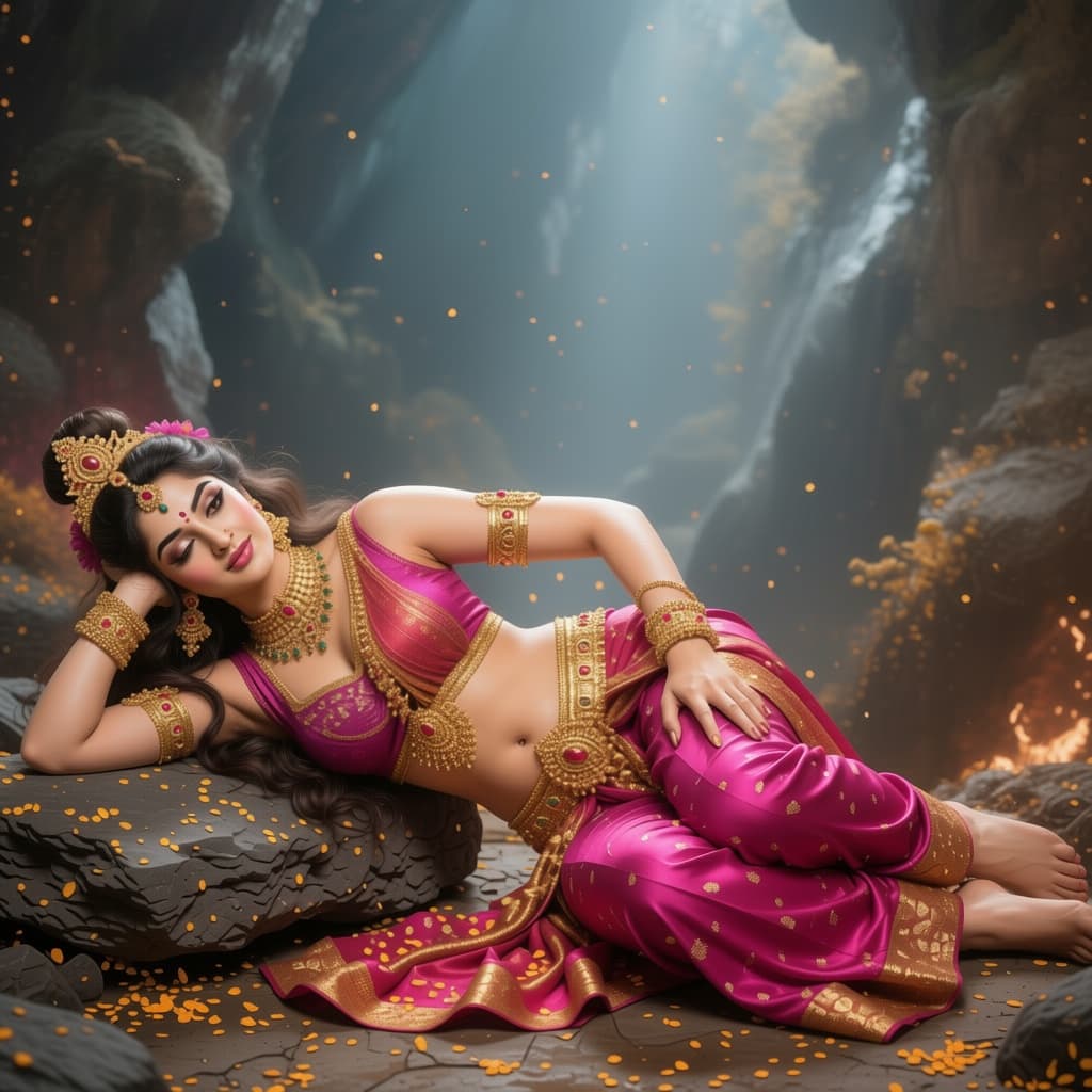AI generated: Indian Goddess parvati,Lie on side, bottom arm under head, top hand tracing stomach curve to thigh, ...