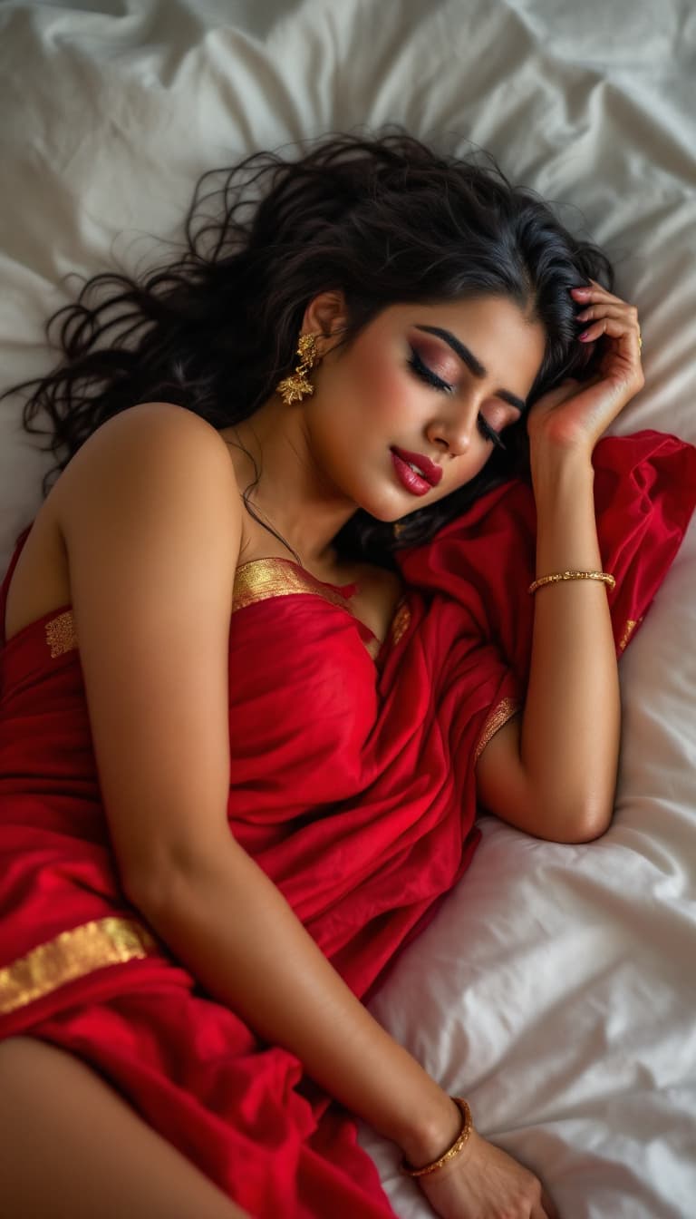 AI generated: Kajol devgn in  Red wet saree Indian woman, sleeping on edge on bed, curvy body, great lower shape