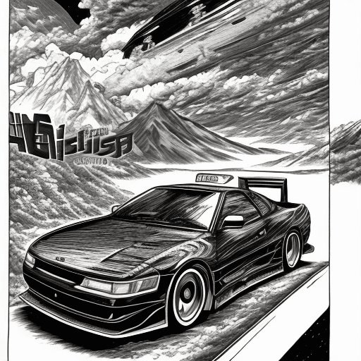AI generated: mitsubishi eclipse 90s, drifting in initial d mountain, initial d art style, manga black and white, ...