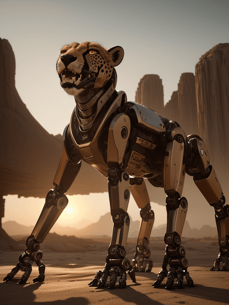 AI generated: Photo of a robotic cheetah, dramatic light, pale sunrise, cinematic lighting, battered, low angle, t...