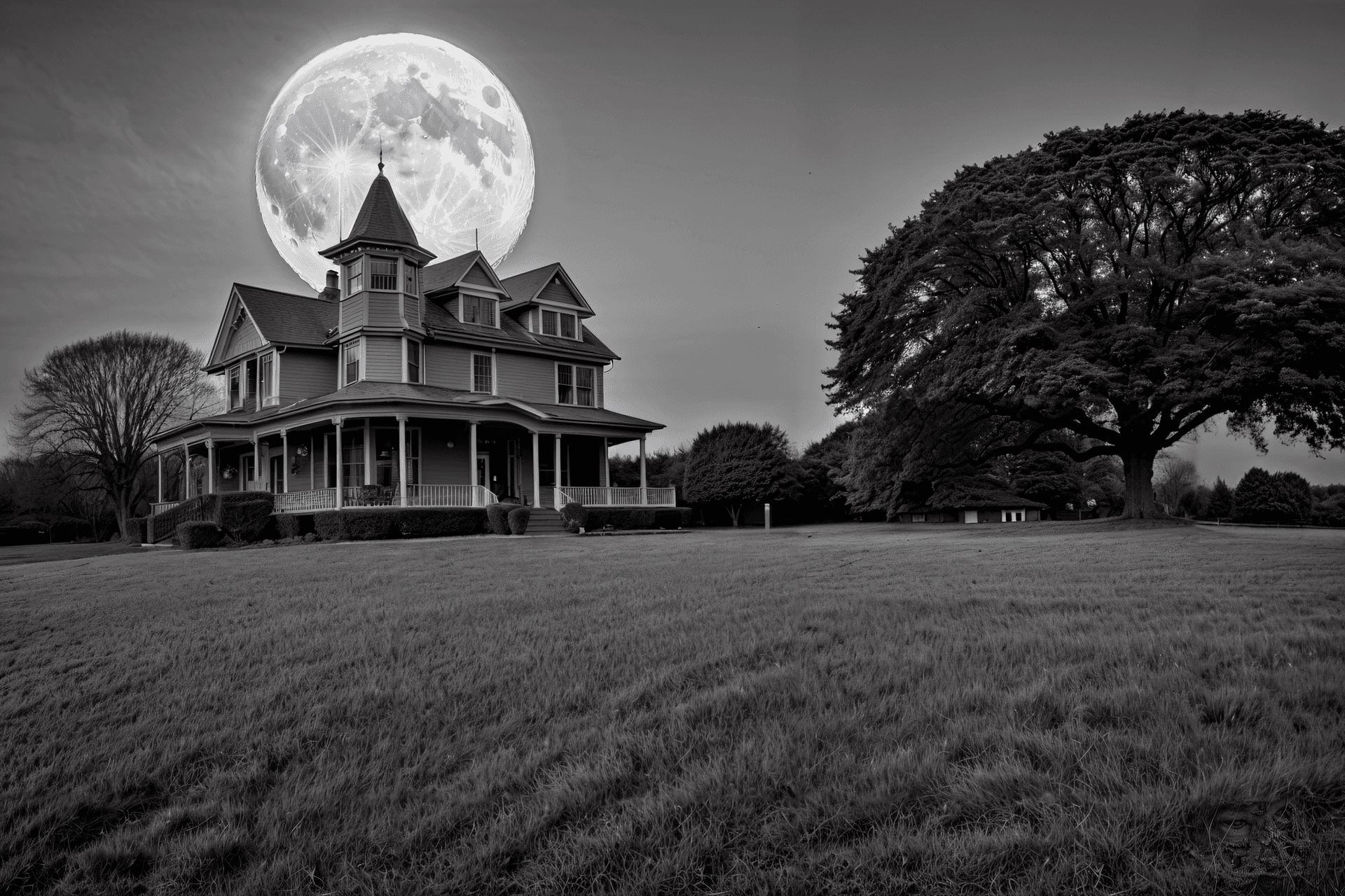 AI generated: Masterpiece, Stunning, Best quality, a Black and White Photo, Black and White Photo of a Haunted Vic...