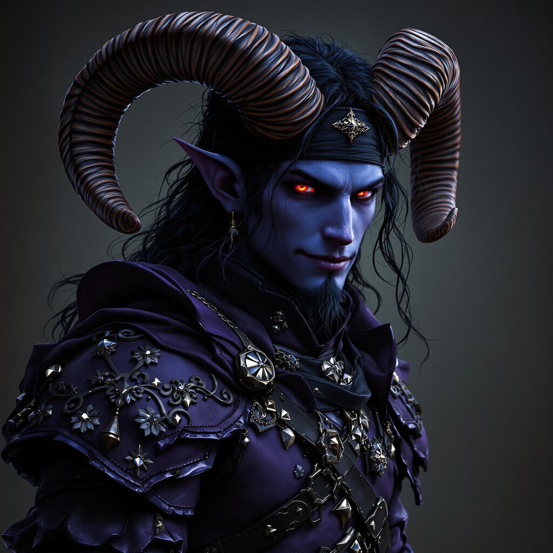 AI generated: ultra realistic male thief, violet leather armor!!! long curly dark hair!! blue skin tiefling with r...