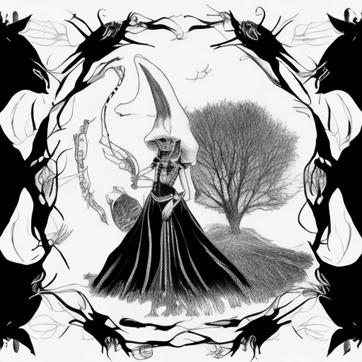 AI generated: Black and white, but fully rendered image a of an attractive witch on a broom. A cat is also with he...