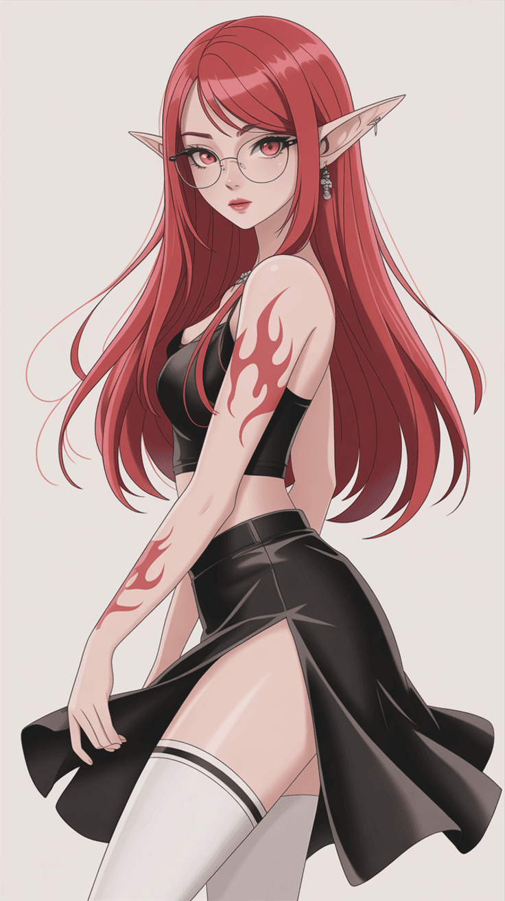 AI generated: Anime, elf, high quality, red long hair, thin glasses black split skirt, white thigh highs, red flam...