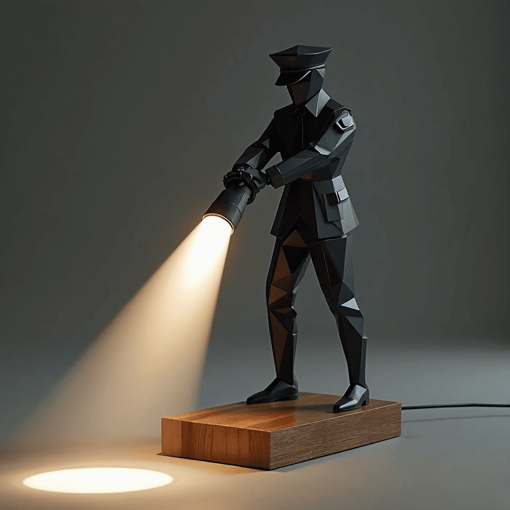 AI generated:  the form of a stylized police uniformed  geometric shaped police officer with pointed flashlight ai...