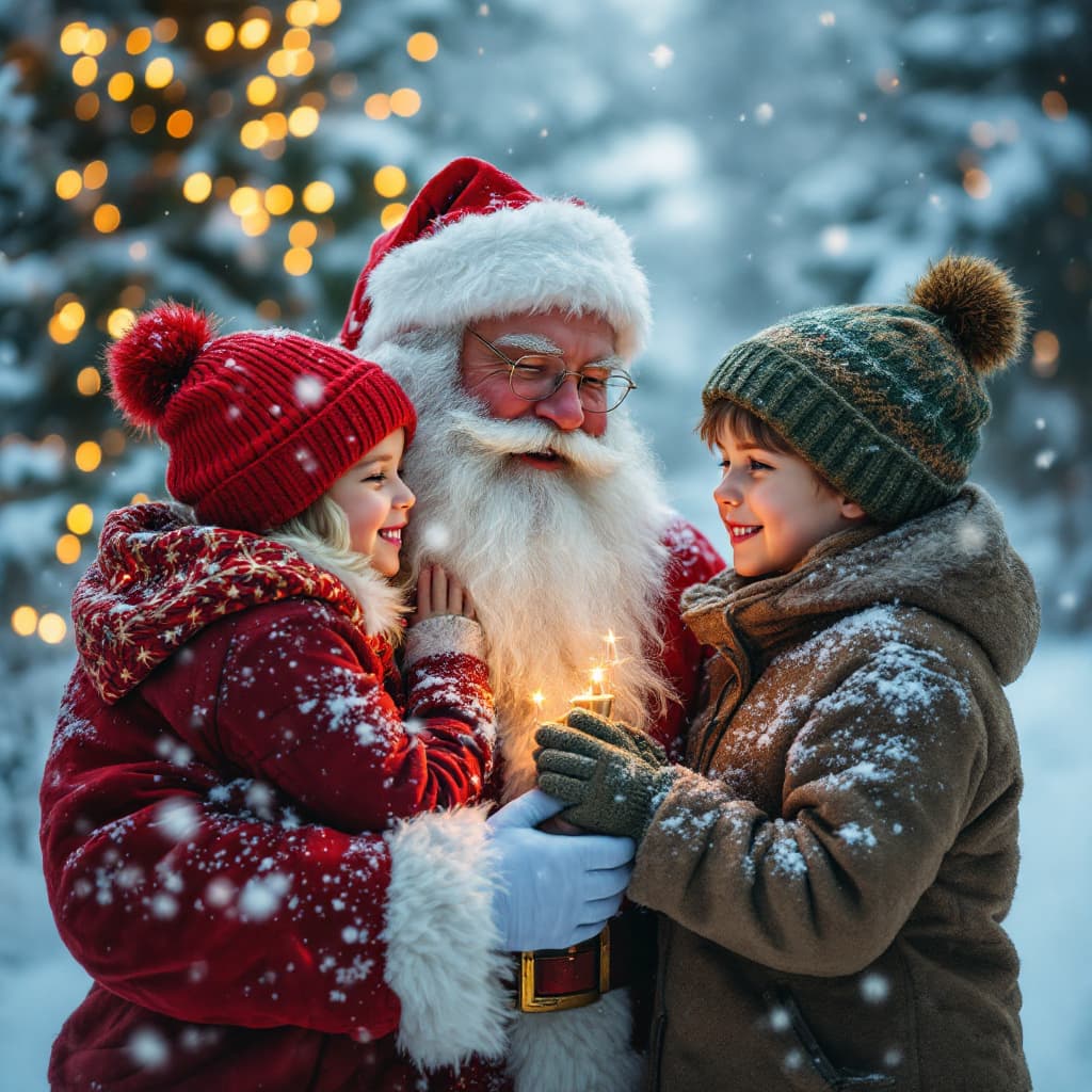 AI generated: a photorealistic image to celebrate winter holidys, showing girls, boys and santa klaus

