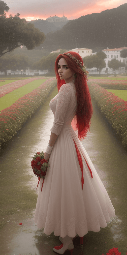 AI generated: una mujer, hermosa, altamente detallada, plano medio, vestida con pétalos rojos, en la lluvia, abraz...