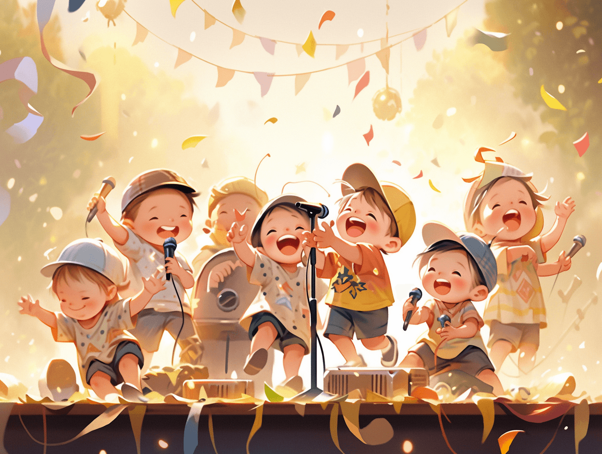 AI generated: A group of cute children performing on stage, happy smiles, children's day, flat illustration, lush ...