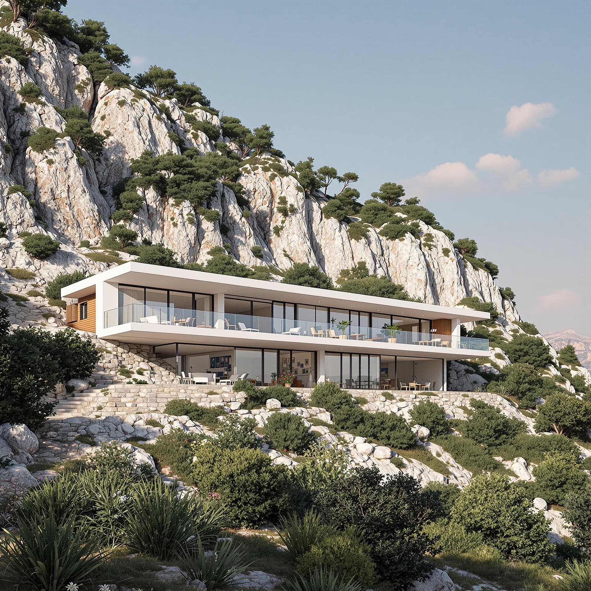 AI generated: A two floor hotel, elongated towards the mountain, located in Loutraki Greece, situated in a plot of...