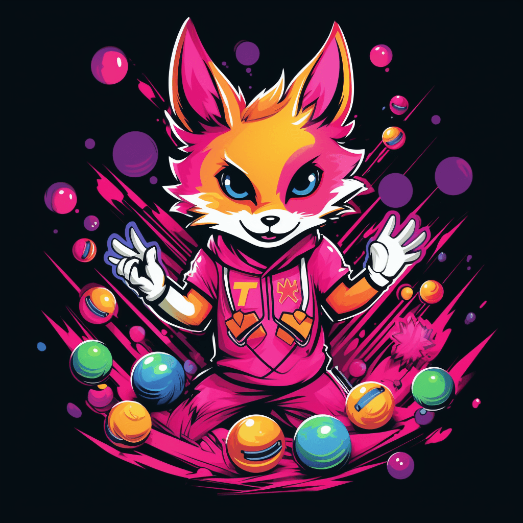 AI generated: T-shirt vector design, witty fox juggling colorful balls, anime manga, playful graphic, chiptune ele...