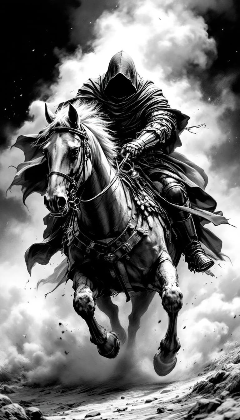 AI generated: Black and white art of a hooded knight riding his horse in full gallop, smoke around him, detailed, ...