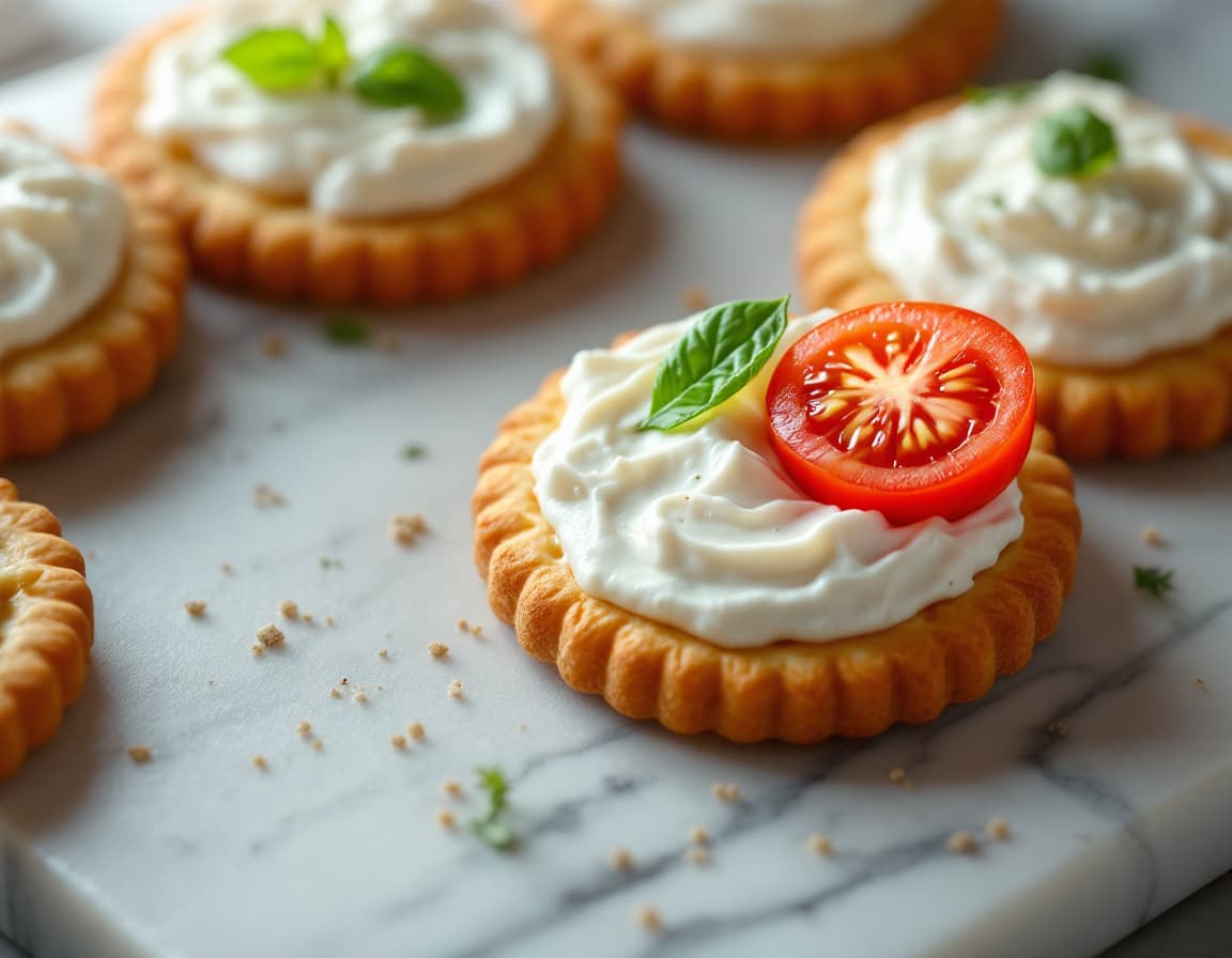 AI generated: An ultra-realistic photo of a few round crackers with white dips on top. Decorated with a basil leav...
