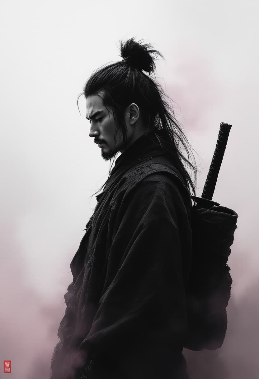 AI generated: side portrait of a lone samurai warrior with a calm but intense expression, ink wash style, textured...