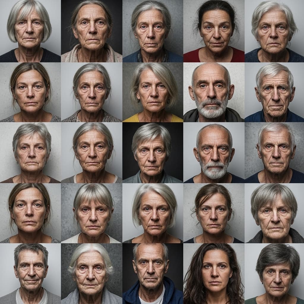 AI generated: headshots of 25 lower-socioeconomic status persons with varying ages