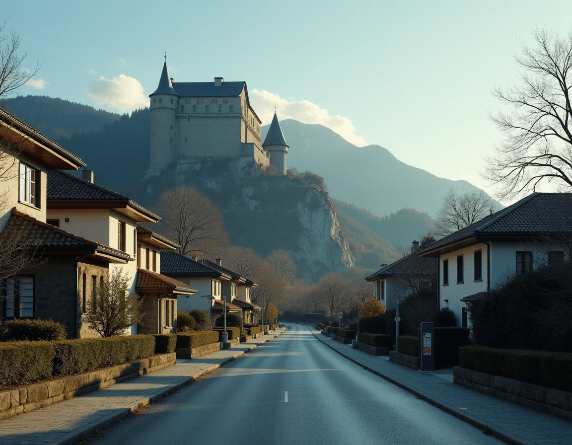 AI generated: Landscape landscape photography, residential area, paved road, clear sky, daytime, vertical orientat...