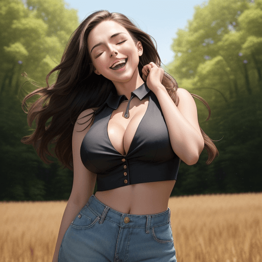AI generated: photograph of a 28 year old busty woman with long dark-brunette hair, head tilted up laughing heavil...