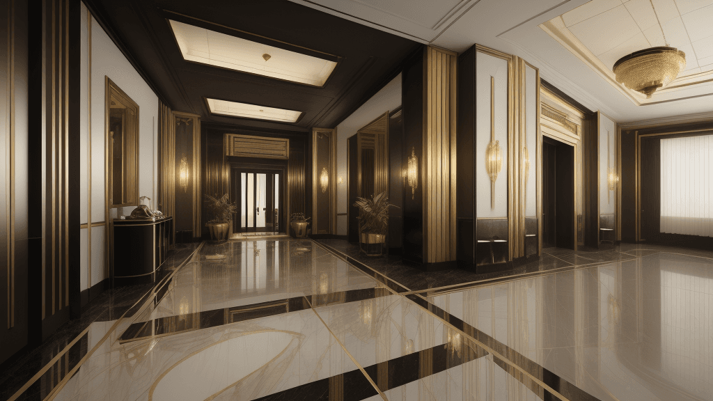 AI generated: interior of an art deco hotel lobby, photoshoot, gold, black, white, hyperreal, octane render, cinem...