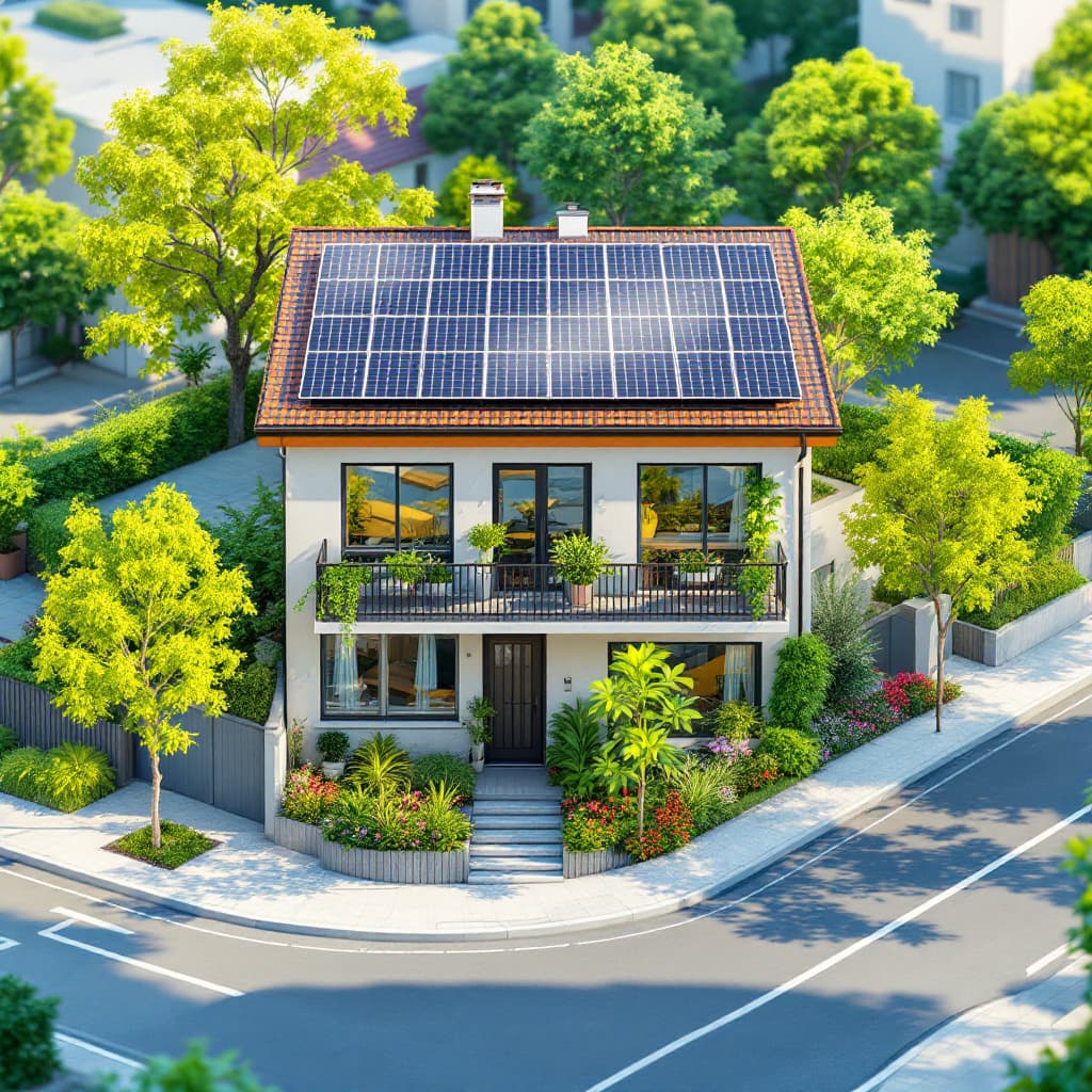 AI generated: solar panels on the roof of a modern house surrounded by beautiful plants prompts, clean streets of ...