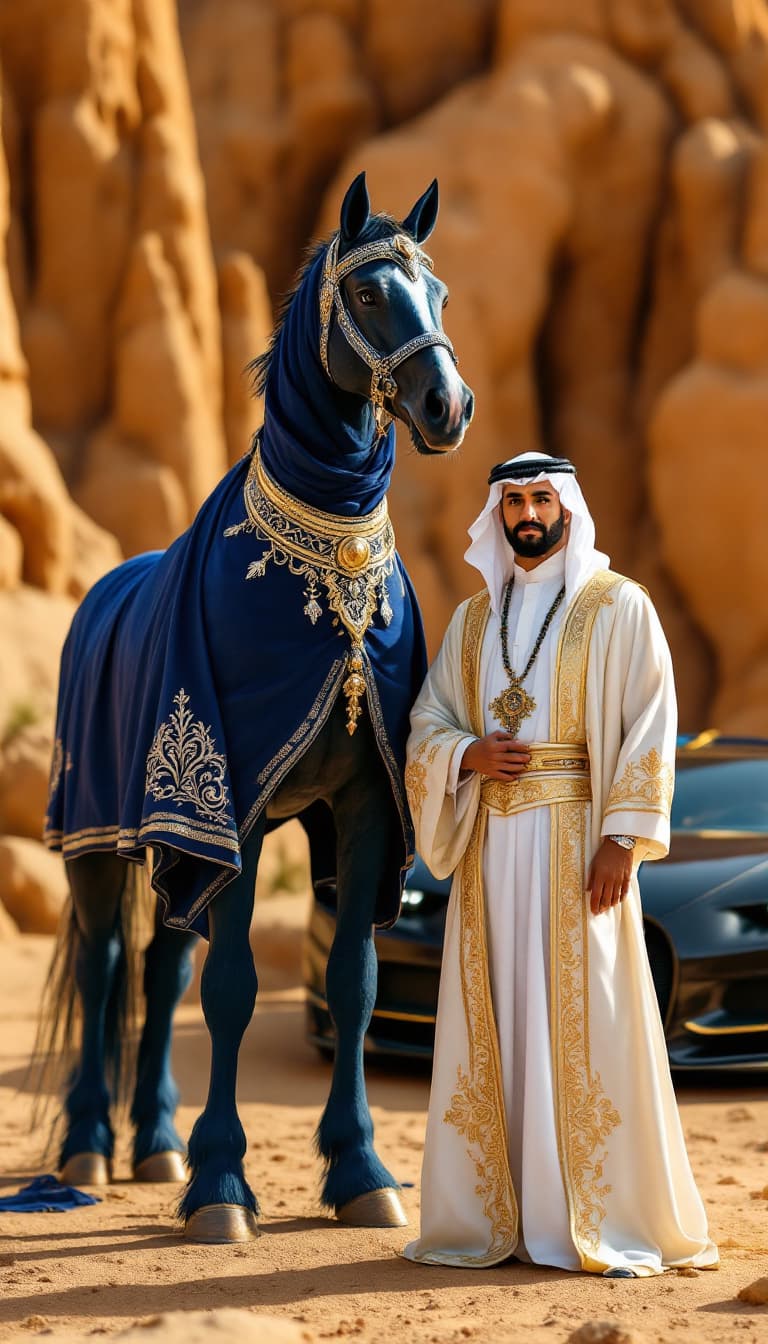 AI generated: A regal anthropomorphic Arabian horse in a deep blue thobe with intricate silver embroidery, standin...