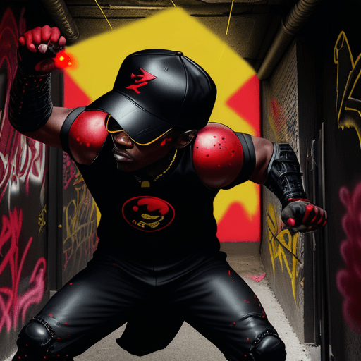 AI generated:  A blackman, wearing a black baseball cap backwards, red sunglasses, in a black metallic dark knight...