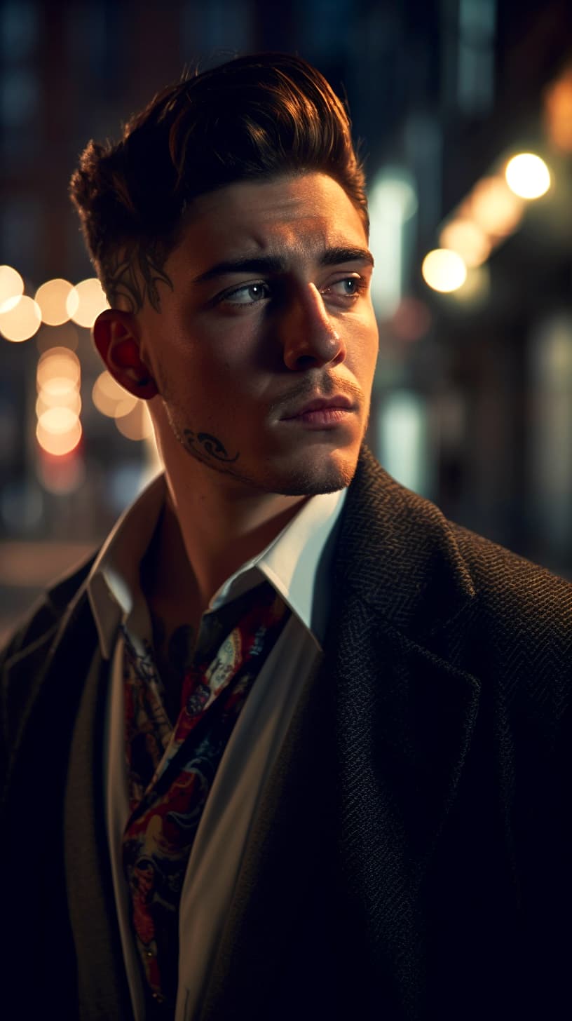 AI generated: Young male mobster on the street, intricate design, and details, dramatic lighting, hyperrealism, ph...