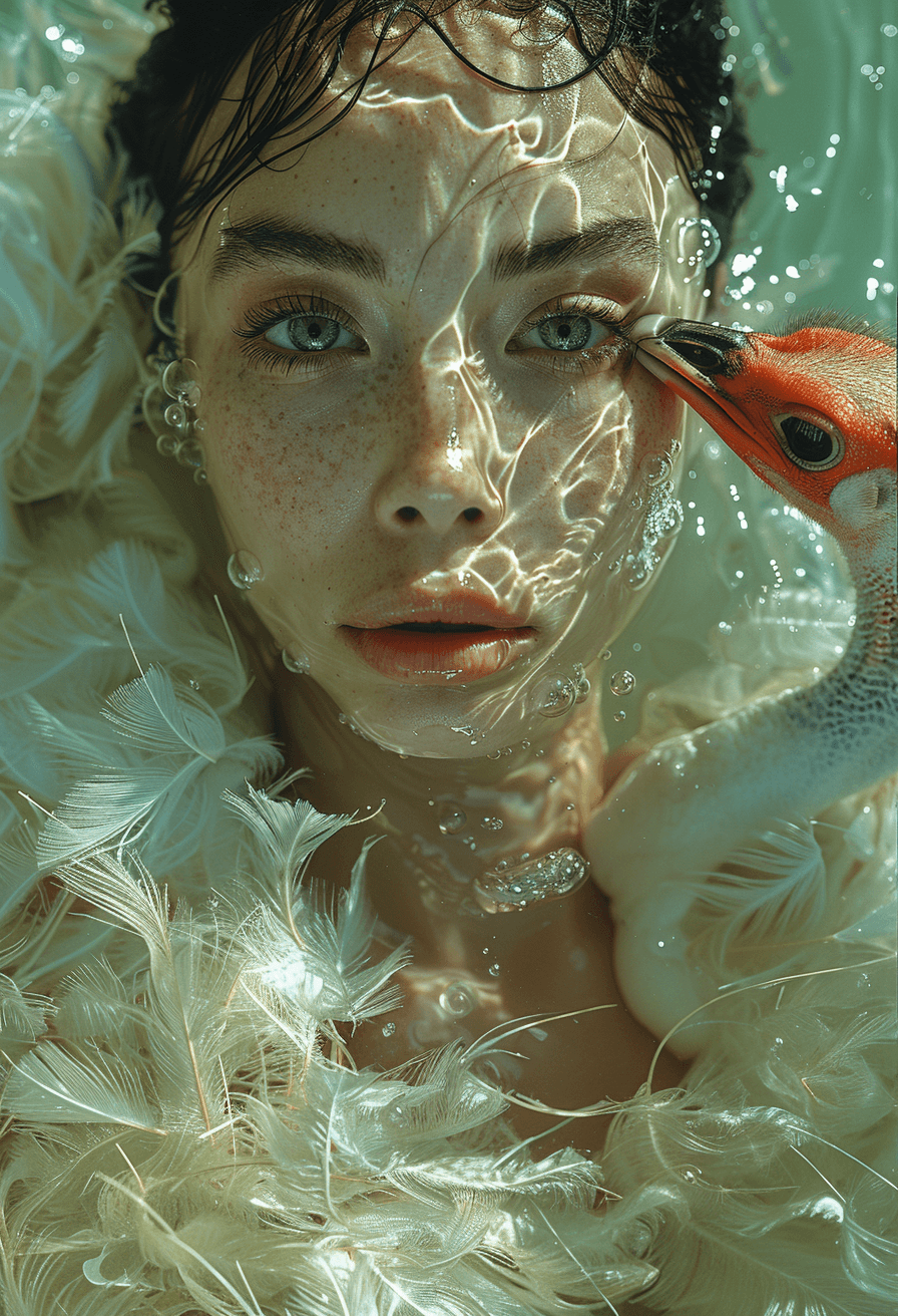 AI generated: an image with a woman holding an underwater pufferfish in her face and an ostrich near the eyes, in ...