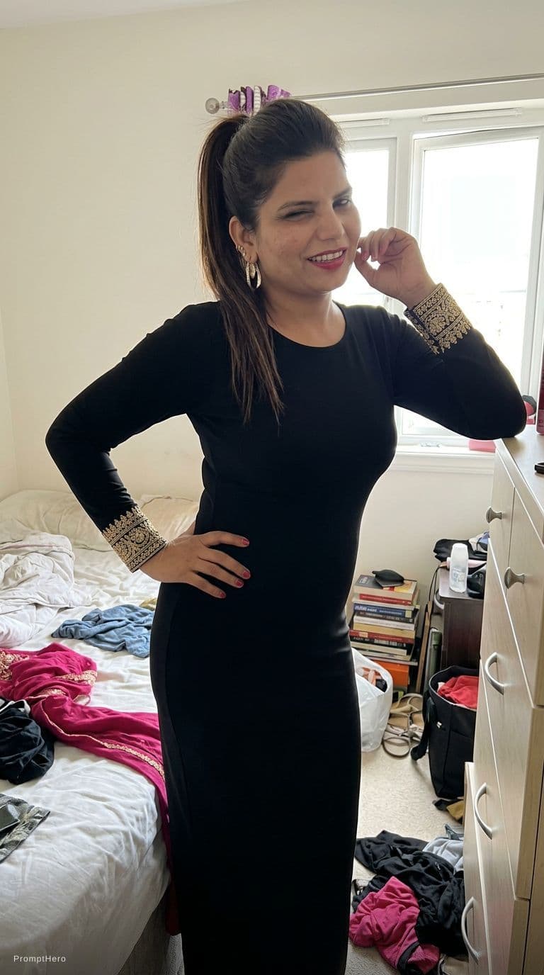 AI generated: teasing, wearing the same bodycon dress, standing seductive pose in a messy bedroom, ponytail hairst...