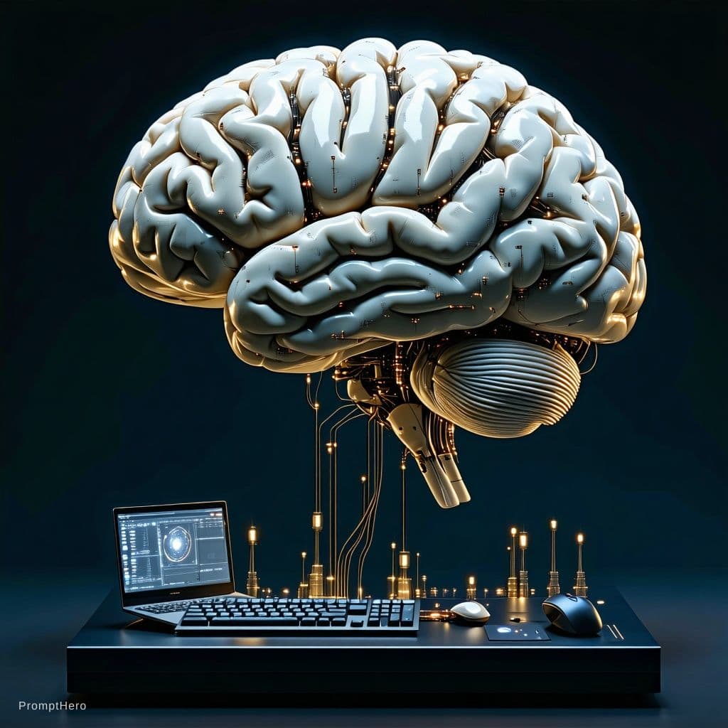AI generated: a brain connected with cable and computers, dreamlike, hyperrealistic, 8k, hyperdetailed, steampunk ...