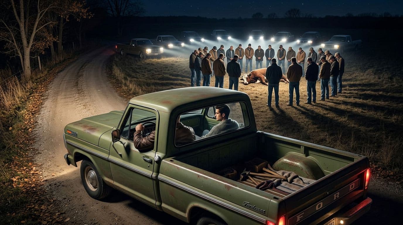 AI generated: In an Autumn night. the male muscular model is driving a vintage olive green Ford pick up truck. The...