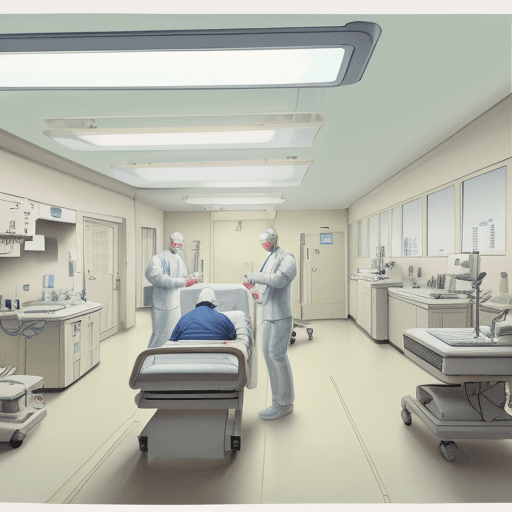 AI generated: hospital operating room, surgeons collaborating, gouache illustration