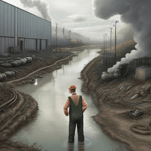 AI generated: man in foreground of factory polluting river with chemicals in cartoon style