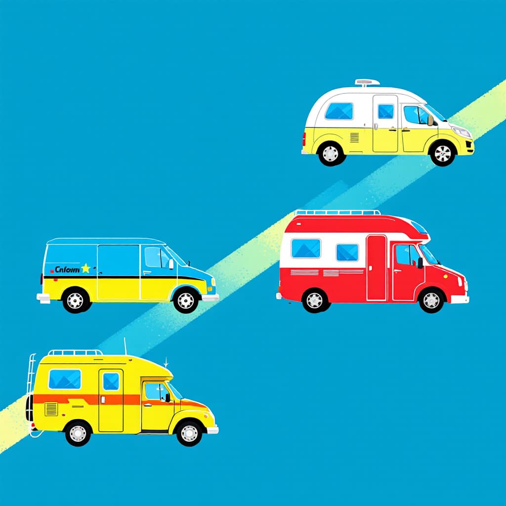 AI generated: six  motorhome diagonally, in the colors blue, green, yellow, red, orange, white, without background...