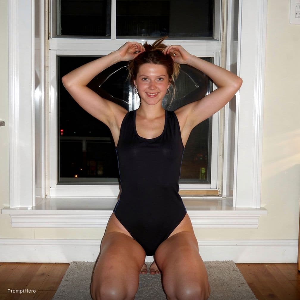 AI generated: kneeling on floor wearing a bikini, her hands are behind her head tying her hair up