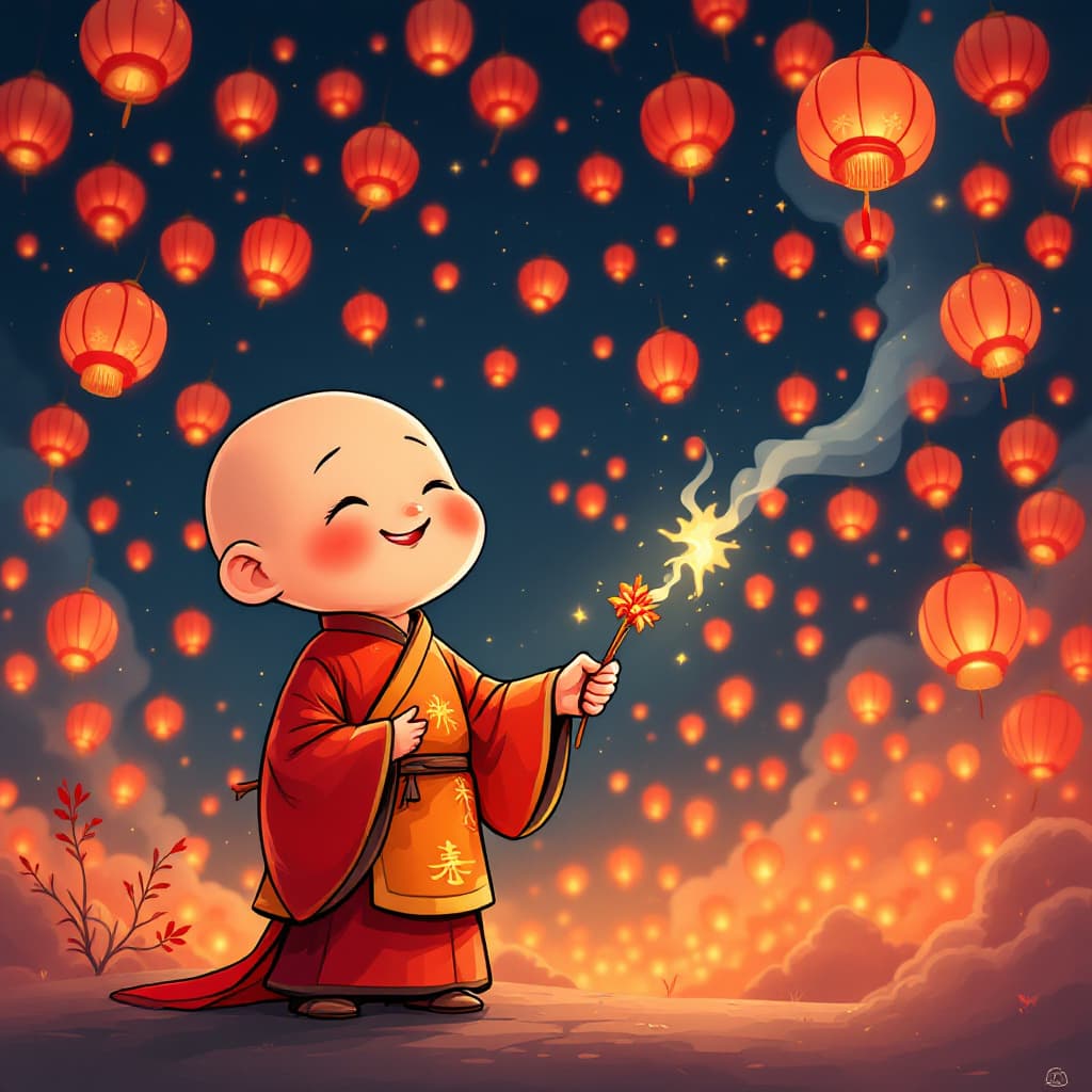 AI generated: A cartoon of a little Chinese Taoist priest rendered in Japan, holding a stick of fragrance in his h...