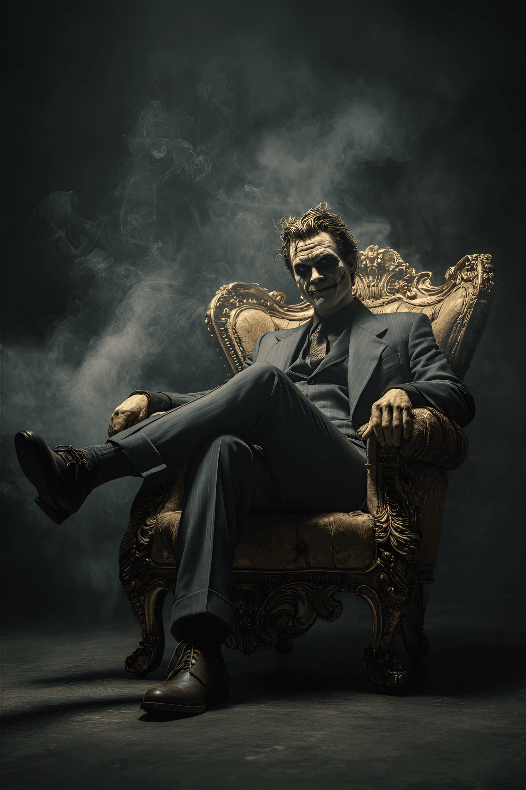 AI generated: male, middle-aged, Caucasian man, embodying the Joker, sits regally in a plush, ornate gold-colored ...
