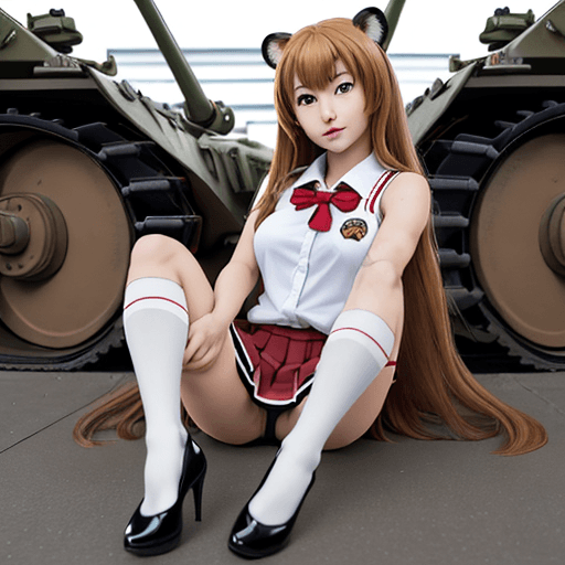 AI generated: masterpiece, taiga aisaka, smug, cute face, anime, anime face, girl sit on the front of realistic ta...