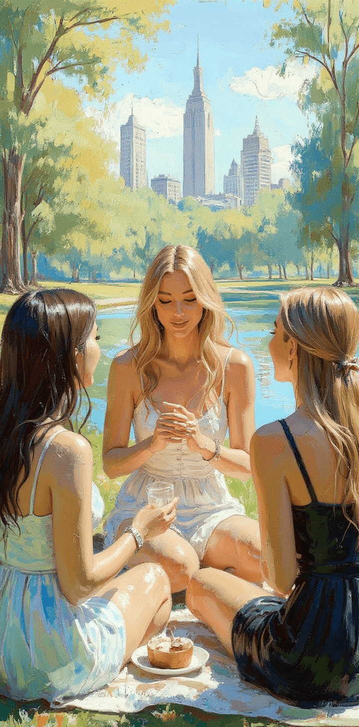 AI generated: a painting of a woman having picnic with friends in the central park, NY, in the style of beautiful ...