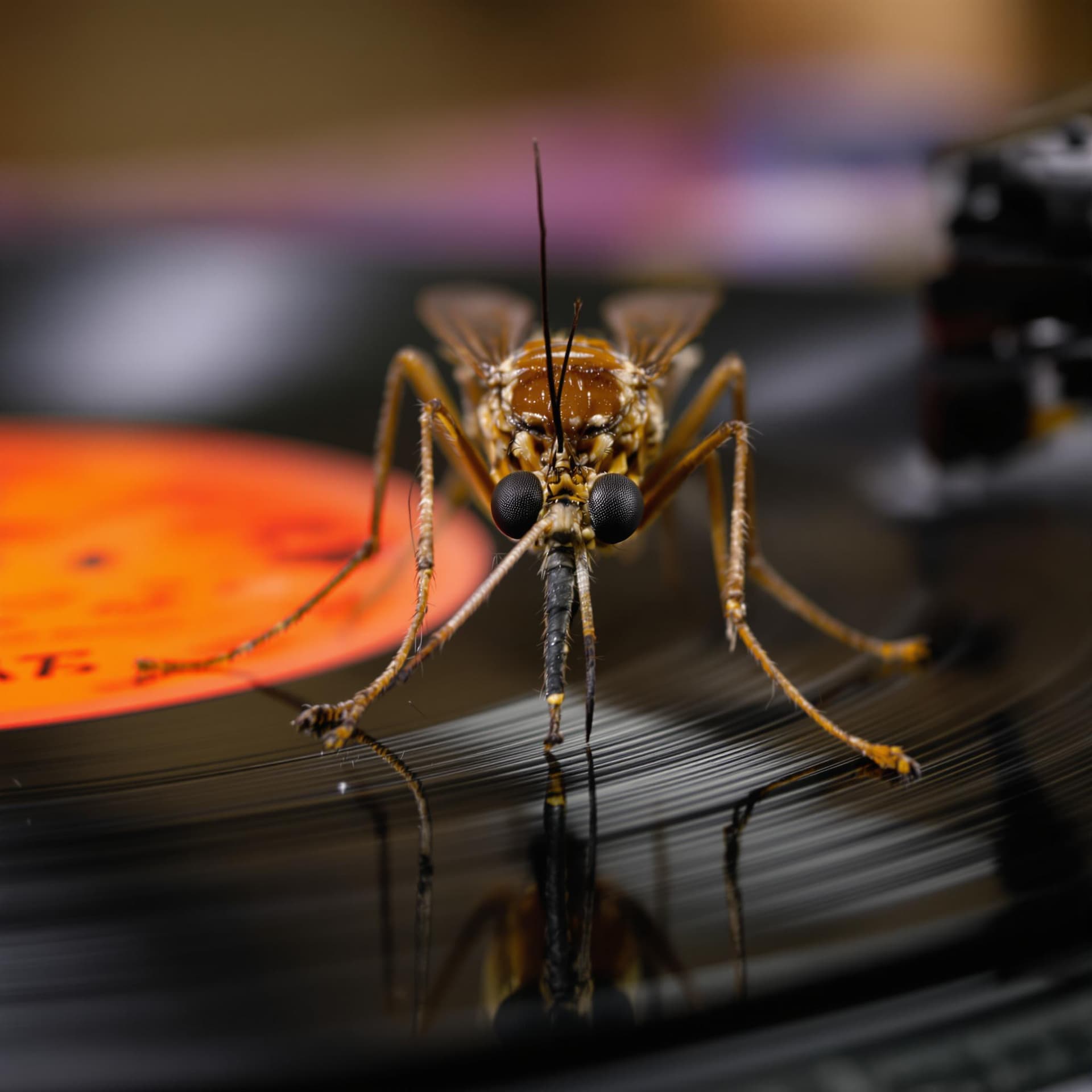 AI generated: Tight close up. Macro. Mosquito with nose/stinger on record that is playing on a turntable. Funky sc...