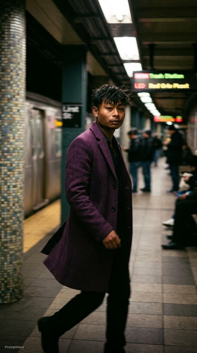 AI generated: fashion editorial photography, motion blur, male model, wearing an wool coat, deep purple color, wal...