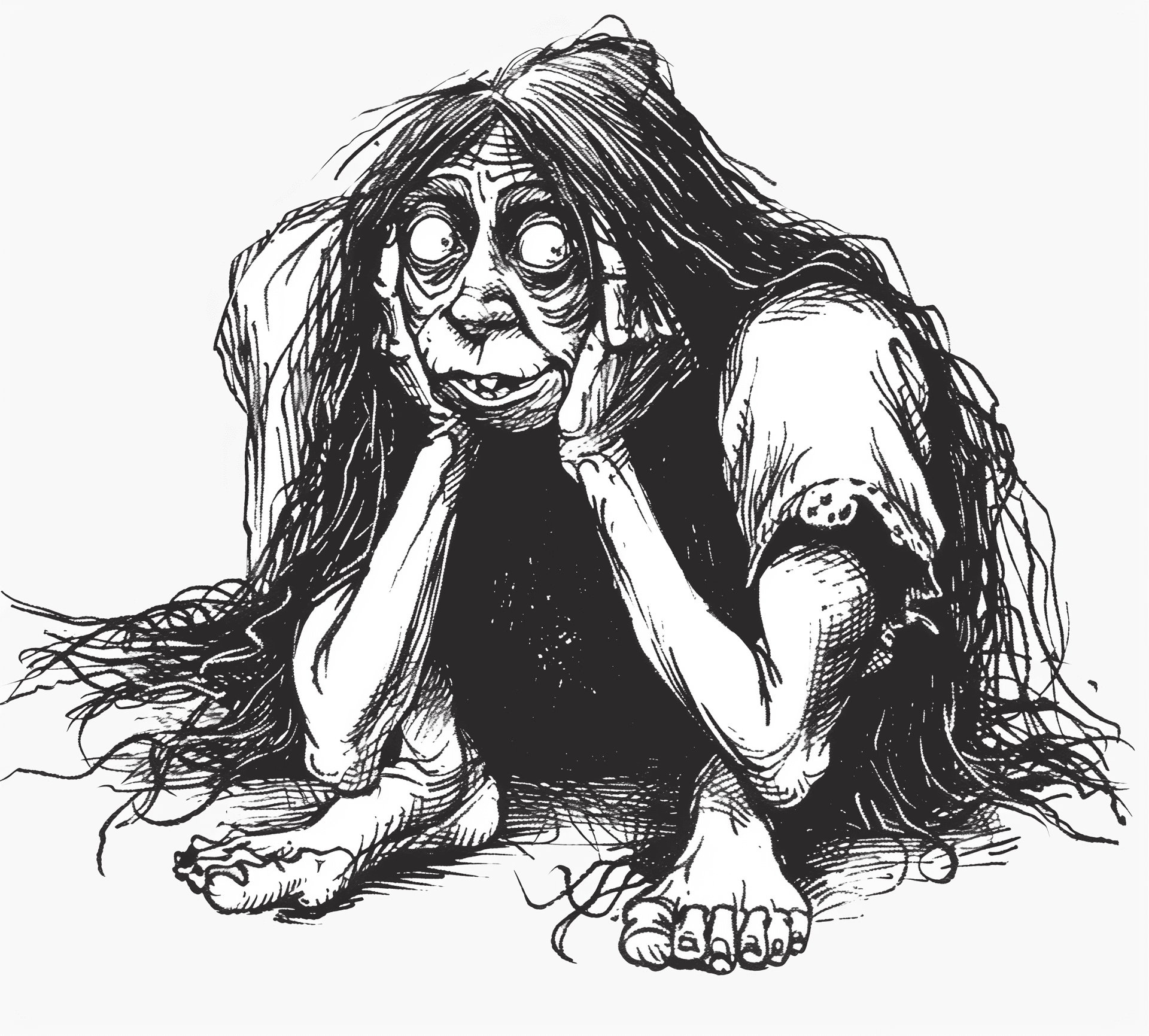 AI generated: A cartoon drawing of an ugly woman with long hair, hunched over her hands in despair in the style of...