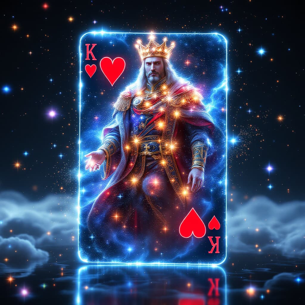 AI generated: The King of Hearts card transforms into a 3D hologram that appears to be made of cosmic energy. As t...