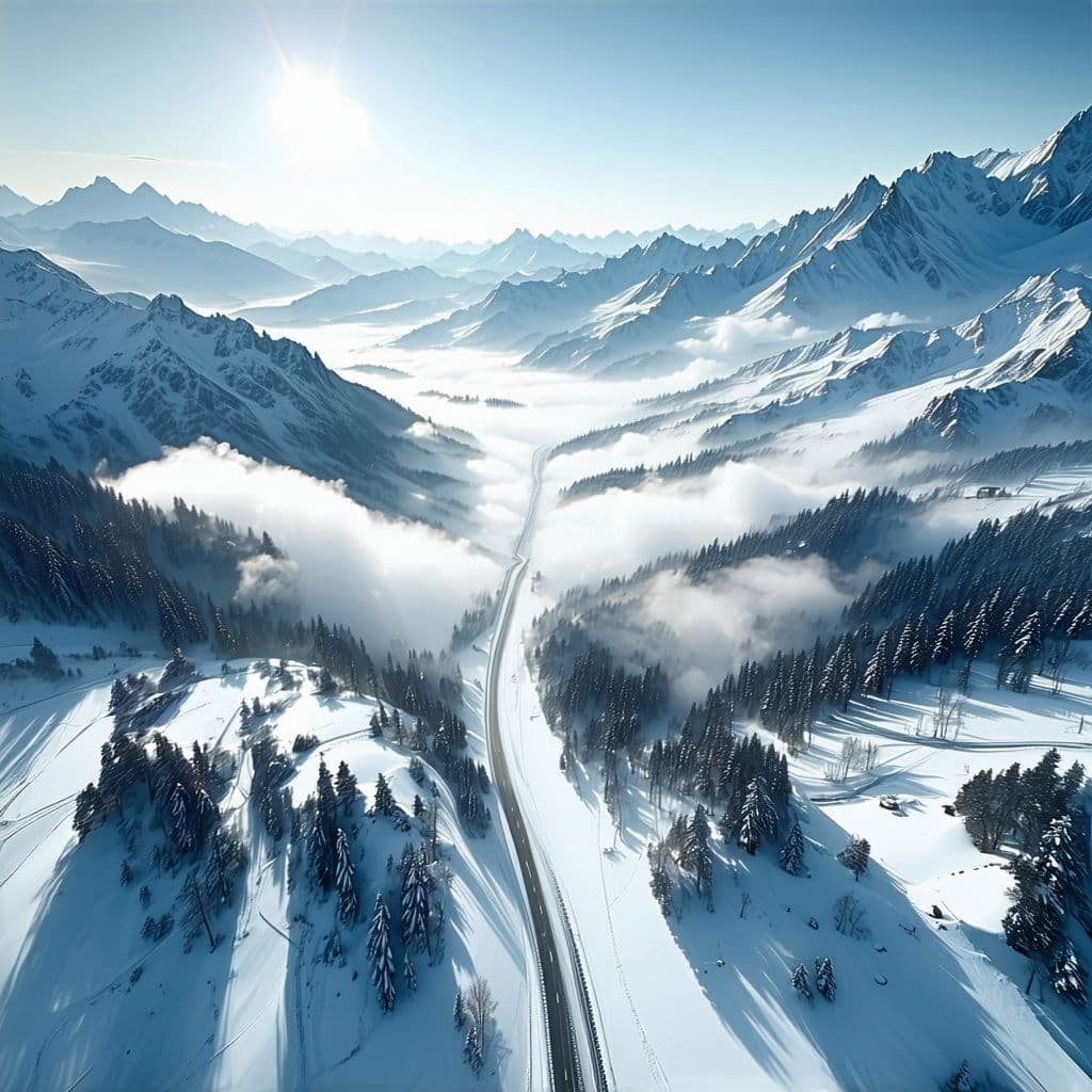 AI generated: snowy valley, with steep mountains around, detailed 4k, drone-like perspective from above in the sky...