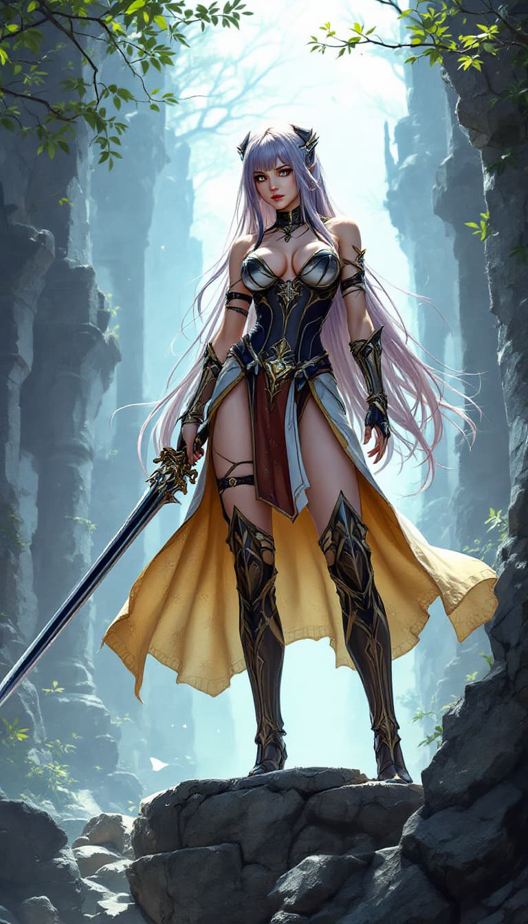 AI generated: a woman in a cosplay outfit standing on a stone platform with long hair and a sword in her hand, Ale...