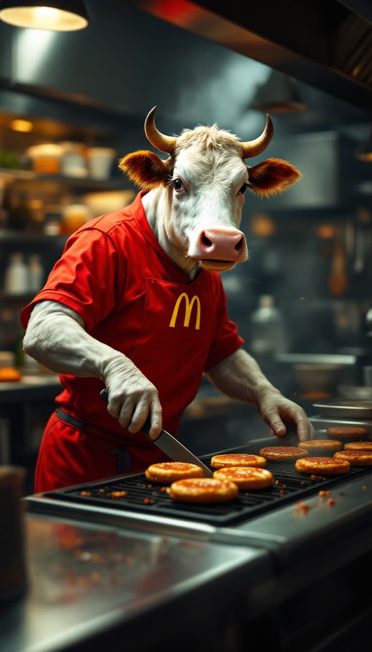 AI generated: A lifelike, anthropomorphic cow wearing a McDonald's employee uniform is expertly grilling burgers o...