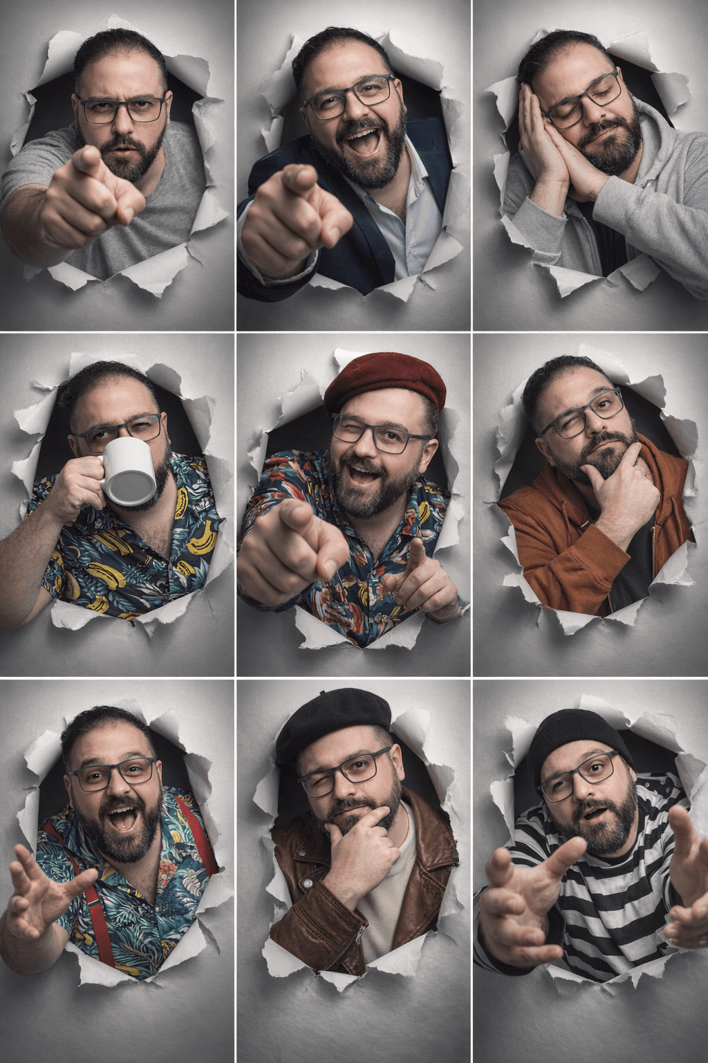 AI generated: Generate a hyper-realistic, 9:16 studio-style collage featuring an adult man  (facial match to the u...