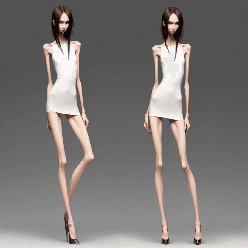 AI generated: extreme beautiful skinny slender (almost anorexic)  girl with skinny slender thighs narrow, in high ...