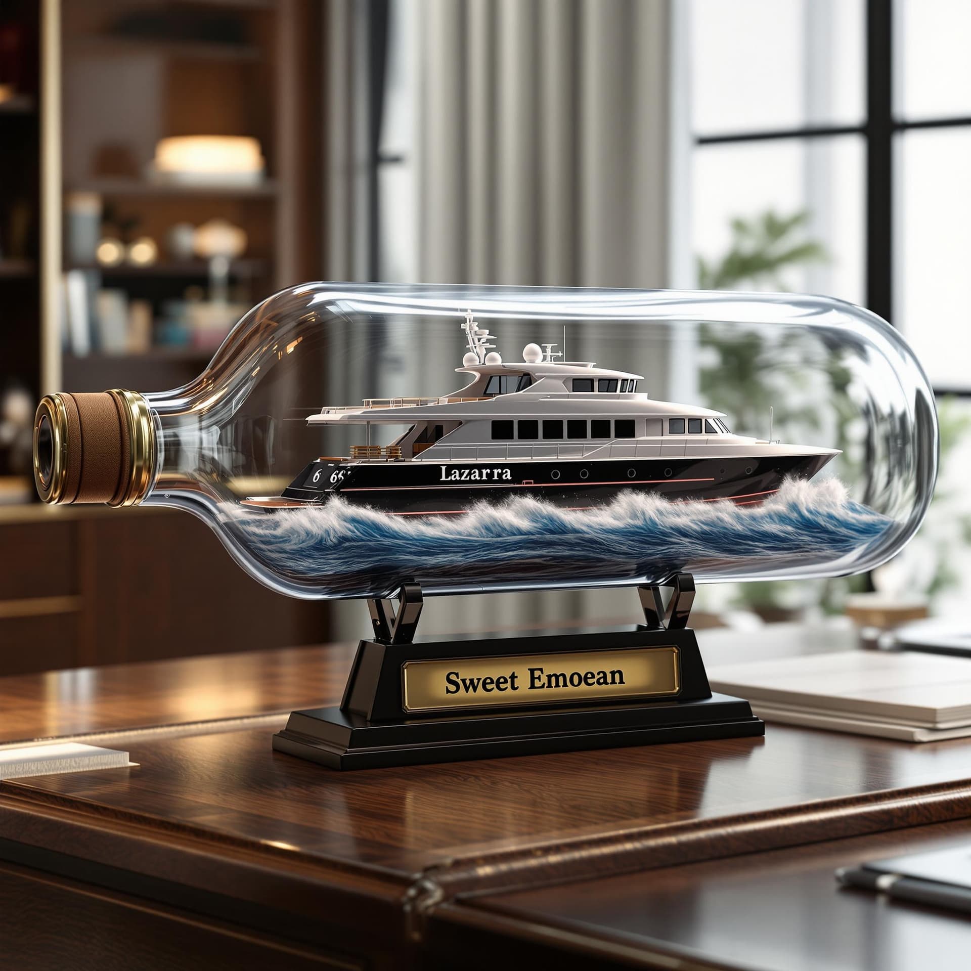AI generated: A realistic ship in a bottle, featuring a ((2005 68 foot Lazarra ((enclosed)) fly bridge)) luxury su...