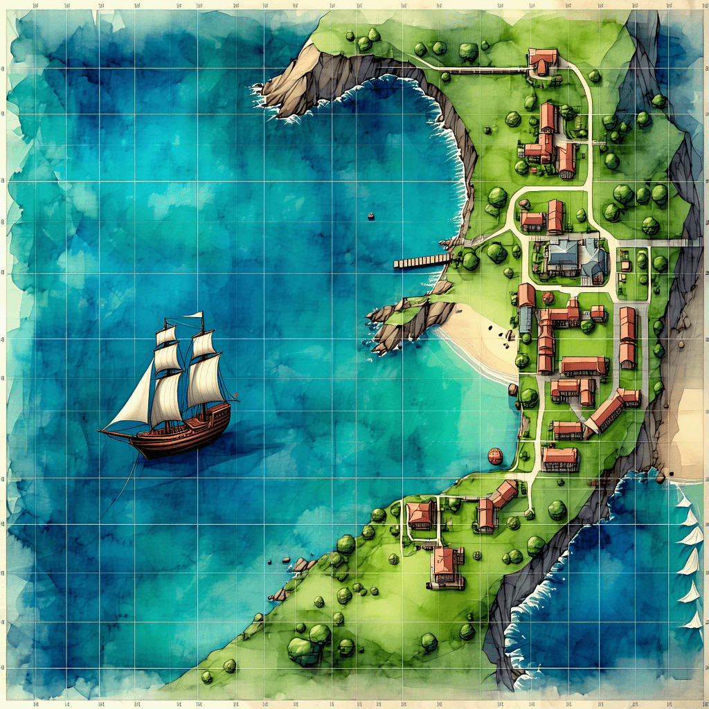 AI generated: A top down view of a D&D battlemap along the coast. A broken settlement on the shore. A majestic shi...